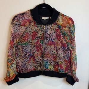 Anthropologie Let Me Be Floral Bomber Jacket w/Sheer Arms & Black/Gold Trim, M